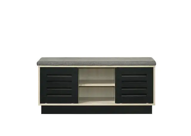 Alt view image 3 of 5 - Brio 38.5"W Oak Finish Shoe Cabinet with Sliding Doors, Upholstered Top