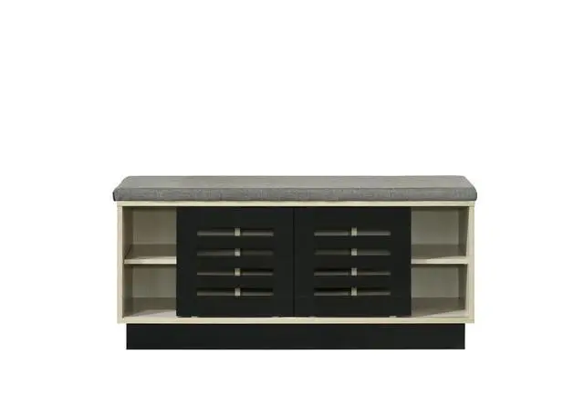 Alt view image 4 of 5 - Brio 38.5"W Oak Finish Shoe Cabinet with Sliding Doors, Upholstered Top