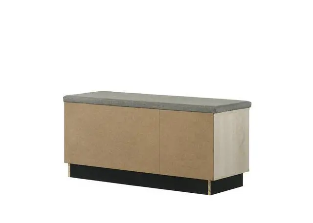 Alt view image 5 of 5 - Brio 38.5"W Oak Finish Shoe Cabinet with Sliding Doors, Upholstered Top