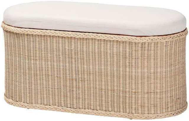 Main image of Braided Natural Rattan Storage Bench with Cushioned Lift-Top Lid - Coastal Boho Style Chest for Bedroom, Entryway, or Living Room Organization, Natural, 39" Oval