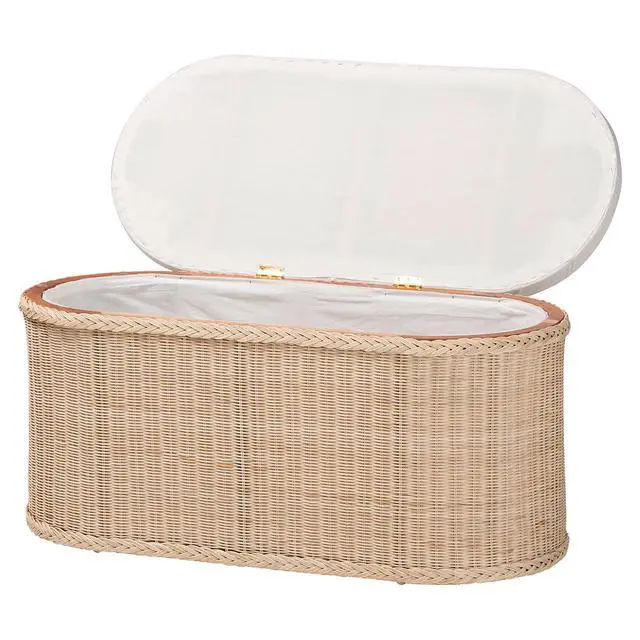 Alt view image 2 of 7 - Braided Natural Rattan Storage Bench with Cushioned Lift-Top Lid - Coastal Boho Style Chest for Bedroom, Entryway, or Living Room Organization, Natural, 39" Oval