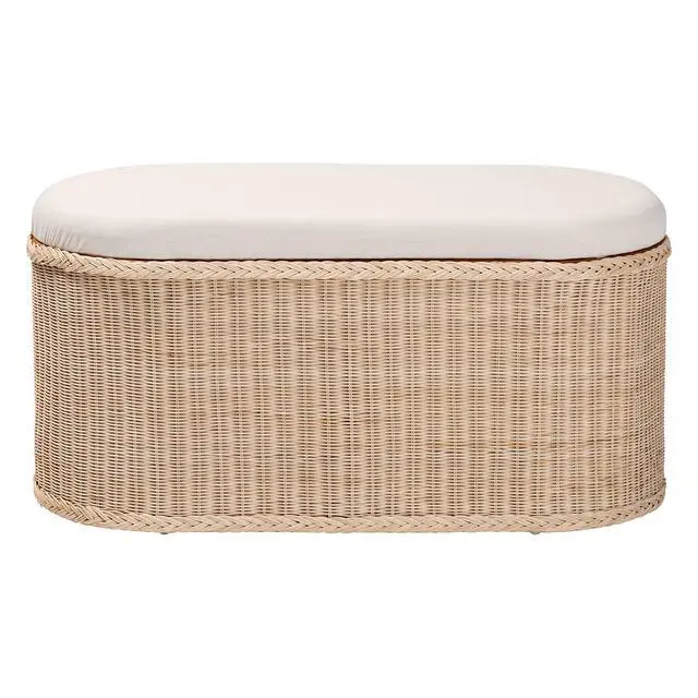 Alt view image 3 of 7 - Braided Natural Rattan Storage Bench with Cushioned Lift-Top Lid - Coastal Boho Style Chest for Bedroom, Entryway, or Living Room Organization, Natural, 39" Oval