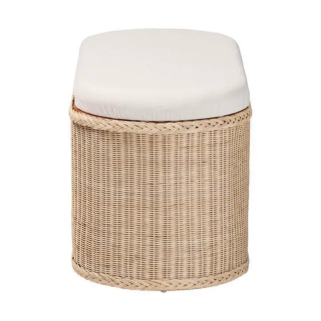 Alt view image 4 of 7 - Braided Natural Rattan Storage Bench with Cushioned Lift-Top Lid - Coastal Boho Style Chest for Bedroom, Entryway, or Living Room Organization, Natural, 39" Oval