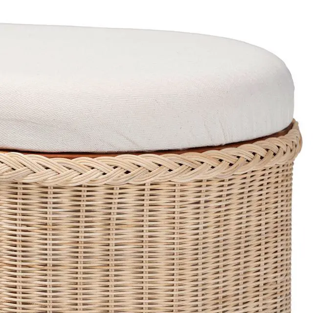 Alt view image 5 of 7 - Braided Natural Rattan Storage Bench with Cushioned Lift-Top Lid - Coastal Boho Style Chest for Bedroom, Entryway, or Living Room Organization, Natural, 39" Oval