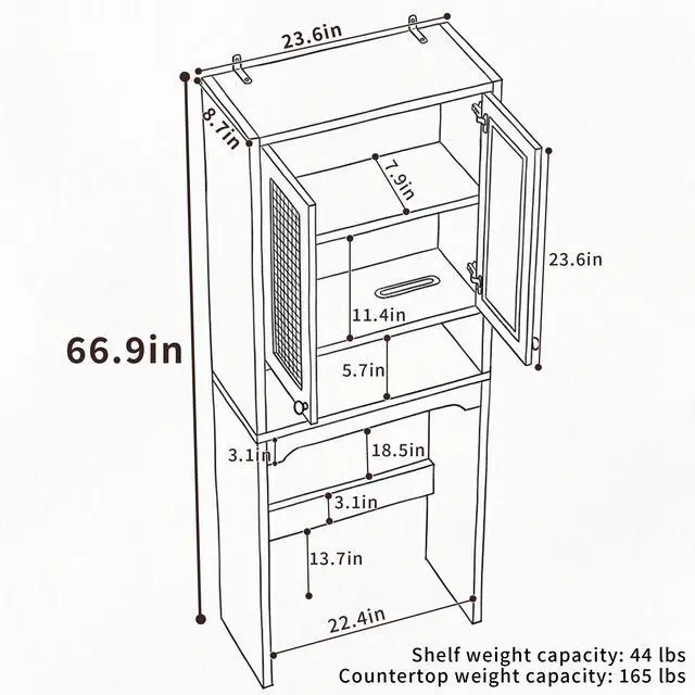 Alt view image 2 of 6 - Over The Toilet Storage Cabinet, Freestanding Bathroom Organizer with 2 Rattan Doors, Farmhouse Space-Saving Toilet Rack with Open Shelf