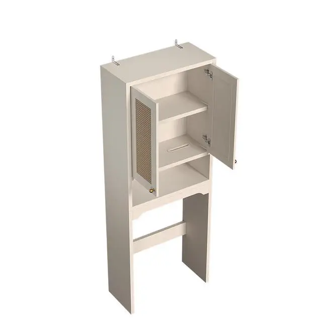 Alt view image 3 of 6 - Over The Toilet Storage Cabinet, Freestanding Bathroom Organizer with 2 Rattan Doors, Farmhouse Space-Saving Toilet Rack with Open Shelf