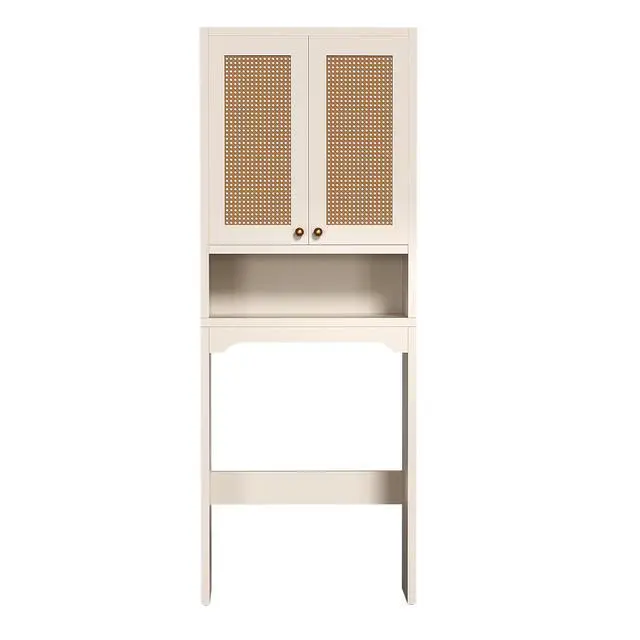 Alt view image 4 of 6 - Over The Toilet Storage Cabinet, Freestanding Bathroom Organizer with 2 Rattan Doors, Farmhouse Space-Saving Toilet Rack with Open Shelf