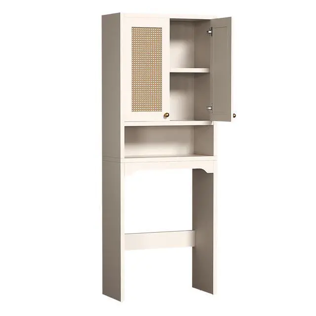 Alt view image 5 of 6 - Over The Toilet Storage Cabinet, Freestanding Bathroom Organizer with 2 Rattan Doors, Farmhouse Space-Saving Toilet Rack with Open Shelf