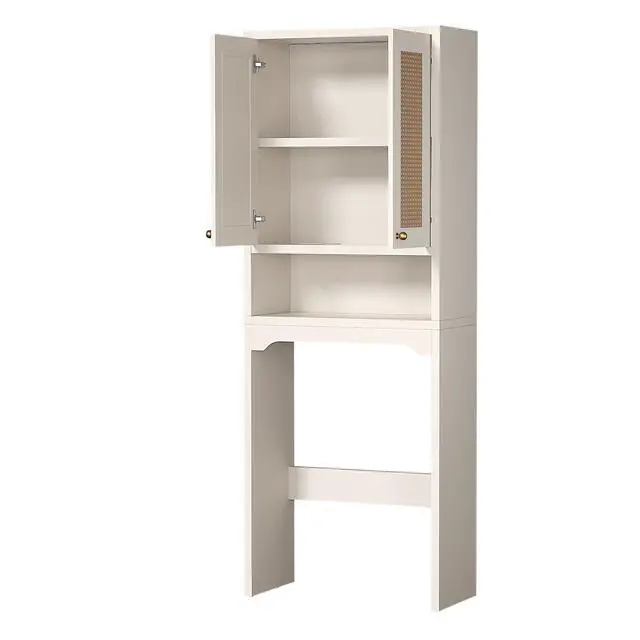 Alt view image 6 of 6 - Over The Toilet Storage Cabinet, Freestanding Bathroom Organizer with 2 Rattan Doors, Farmhouse Space-Saving Toilet Rack with Open Shelf