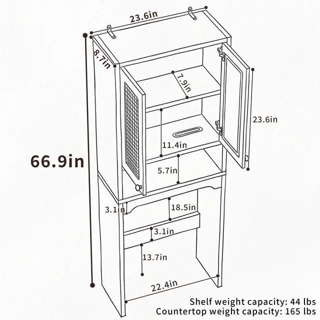 Alt view image 2 of 7 - Over The Toilet Storage Cabinet, Freestanding Bathroom Organizer with 2 Rattan Doors, Farmhouse Space-Saving Toilet Rack with Open Shelf
