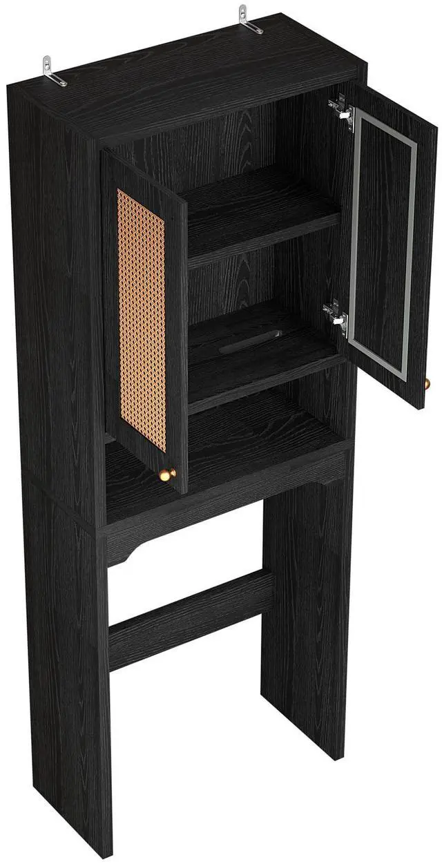 Alt view image 3 of 7 - Over The Toilet Storage Cabinet, Freestanding Bathroom Organizer with 2 Rattan Doors, Farmhouse Space-Saving Toilet Rack with Open Shelf