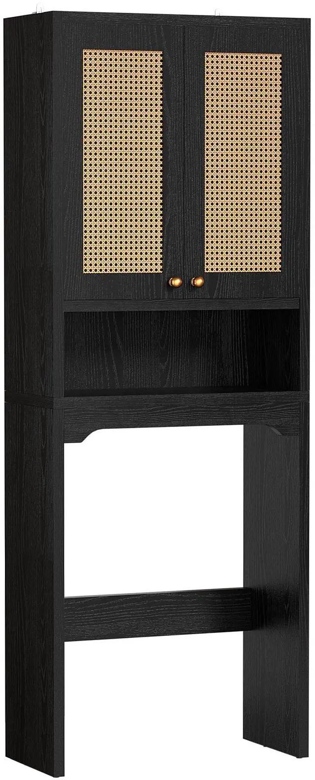 Alt view image 5 of 7 - Over The Toilet Storage Cabinet, Freestanding Bathroom Organizer with 2 Rattan Doors, Farmhouse Space-Saving Toilet Rack with Open Shelf