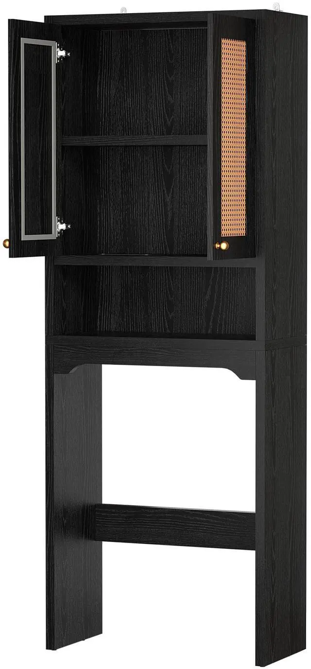 Alt view image 7 of 7 - Over The Toilet Storage Cabinet, Freestanding Bathroom Organizer with 2 Rattan Doors, Farmhouse Space-Saving Toilet Rack with Open Shelf