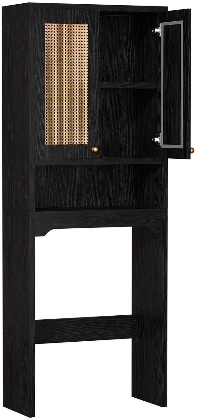 Alt view image 6 of 7 - Over The Toilet Storage Cabinet, Freestanding Bathroom Organizer with 2 Rattan Doors, Farmhouse Space-Saving Toilet Rack with Open Shelf