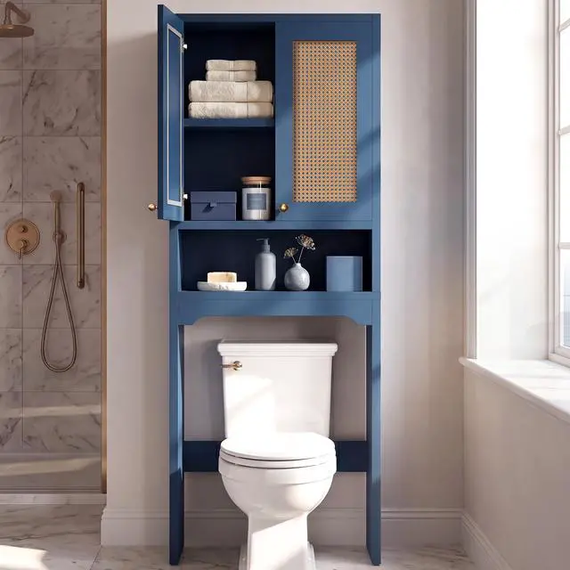 Main image of Over The Toilet Storage Cabinet, Freestanding Bathroom Organizer with 2 Rattan Doors, Farmhouse Space-Saving Toilet Rack with Open Shelf
