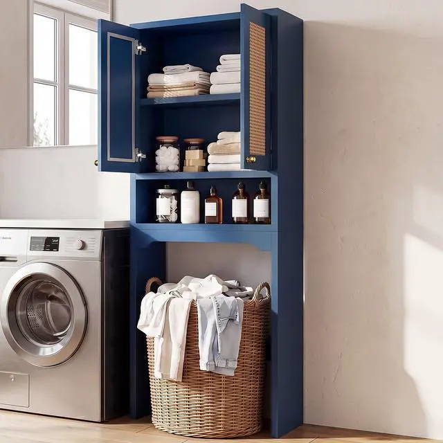 Alt view image 2 of 7 - Over The Toilet Storage Cabinet, Freestanding Bathroom Organizer with 2 Rattan Doors, Farmhouse Space-Saving Toilet Rack with Open Shelf