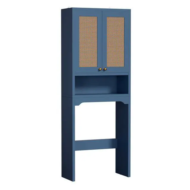 Alt view image 4 of 7 - Over The Toilet Storage Cabinet, Freestanding Bathroom Organizer with 2 Rattan Doors, Farmhouse Space-Saving Toilet Rack with Open Shelf