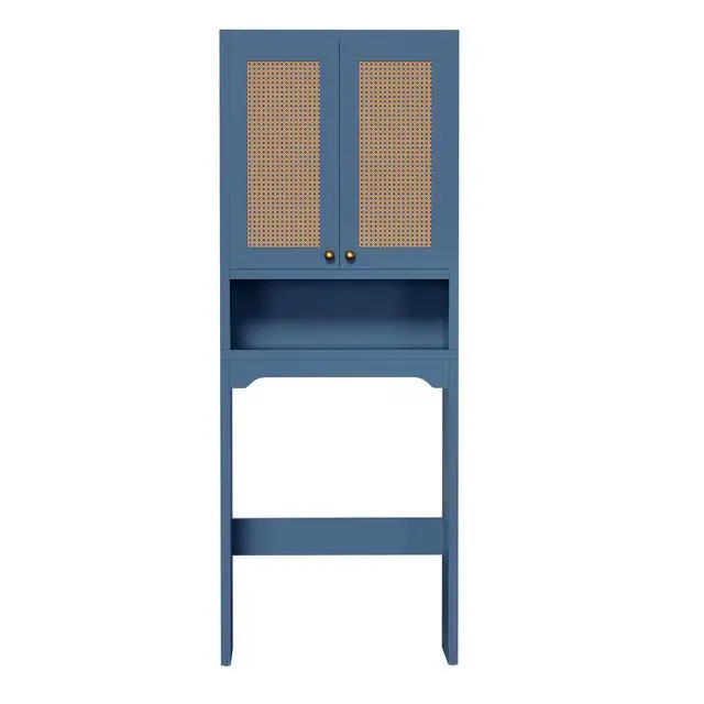 Alt view image 6 of 7 - Over The Toilet Storage Cabinet, Freestanding Bathroom Organizer with 2 Rattan Doors, Farmhouse Space-Saving Toilet Rack with Open Shelf