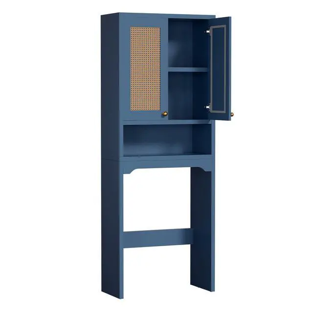 Alt view image 7 of 7 - Over The Toilet Storage Cabinet, Freestanding Bathroom Organizer with 2 Rattan Doors, Farmhouse Space-Saving Toilet Rack with Open Shelf