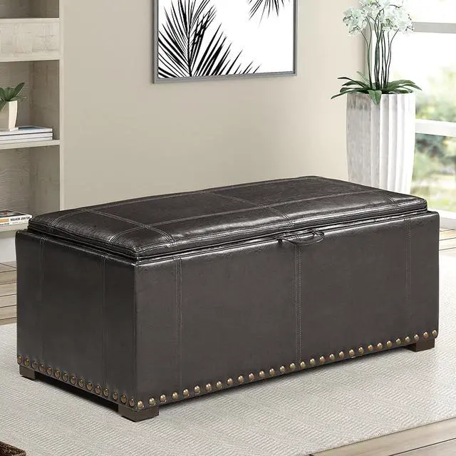 Alt view image 3 of 7 - Leather Storage Bench with 2 Side Ottomans, Black