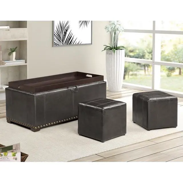 Alt view image 2 of 7 - Leather Storage Bench with 2 Side Ottomans, Black