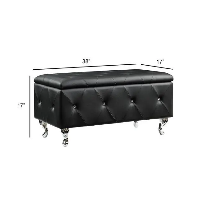 Alt view image 5 of 7 - Black Tufted Bonded Leather Storage Bench with Crystal Decor, Upholstered Bedroom Bench Ottoman with Hidden Storage for Entryway Bed End Living Room