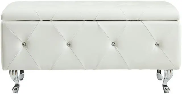 Main image of White Tufted Bonded Leather Storage Bench with Crystal Decor, Upholstered Bedroom Bench Ottoman with Hidden Storage for Entryway Bed End Living Room