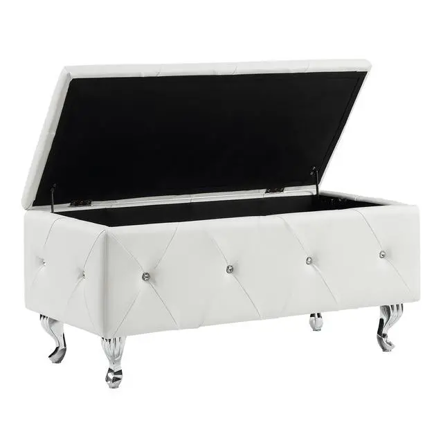 Alt view image 3 of 7 - White Tufted Bonded Leather Storage Bench with Crystal Decor, Upholstered Bedroom Bench Ottoman with Hidden Storage for Entryway Bed End Living Room