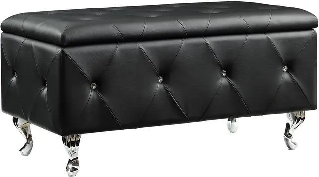 Main image of Black Tufted Bonded Leather Storage Bench with Crystal Decor, Upholstered Bedroom Bench Ottoman with Hidden Storage for Entryway Bed End Living Room