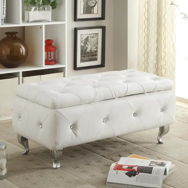 Alt view image 2 of 7 - White Tufted Bonded Leather Storage Bench with Crystal Decor, Upholstered Bedroom Bench Ottoman with Hidden Storage for Entryway Bed End Living Room