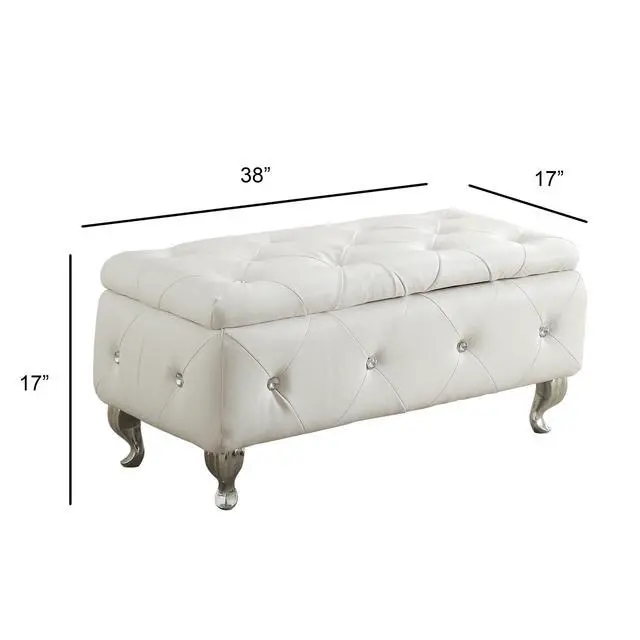 Alt view image 6 of 7 - White Tufted Bonded Leather Storage Bench with Crystal Decor, Upholstered Bedroom Bench Ottoman with Hidden Storage for Entryway Bed End Living Room