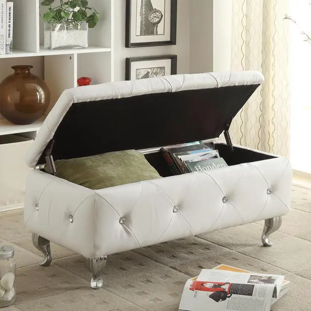 Alt view image 4 of 7 - White Tufted Bonded Leather Storage Bench with Crystal Decor, Upholstered Bedroom Bench Ottoman with Hidden Storage for Entryway Bed End Living Room