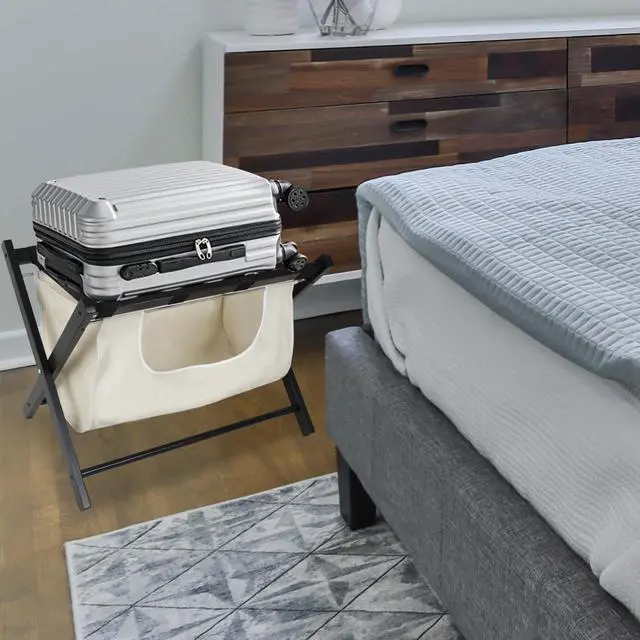 Alt view image 3 of 7 - Babion Folding Luggage Rack for Guest Room 4 Pack, Luggage Rack for Suitcase Stand with Detachable Laundry Bag, Foldable Suitcase Stand Holder with Double Tiers forBedroom,Hotel (Black)