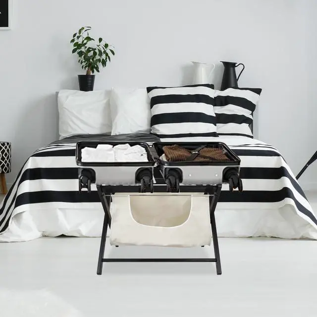 Alt view image 7 of 7 - Babion Folding Luggage Rack for Guest Room 4 Pack, Luggage Rack for Suitcase Stand with Detachable Laundry Bag, Foldable Suitcase Stand Holder with Double Tiers forBedroom,Hotel (Black)