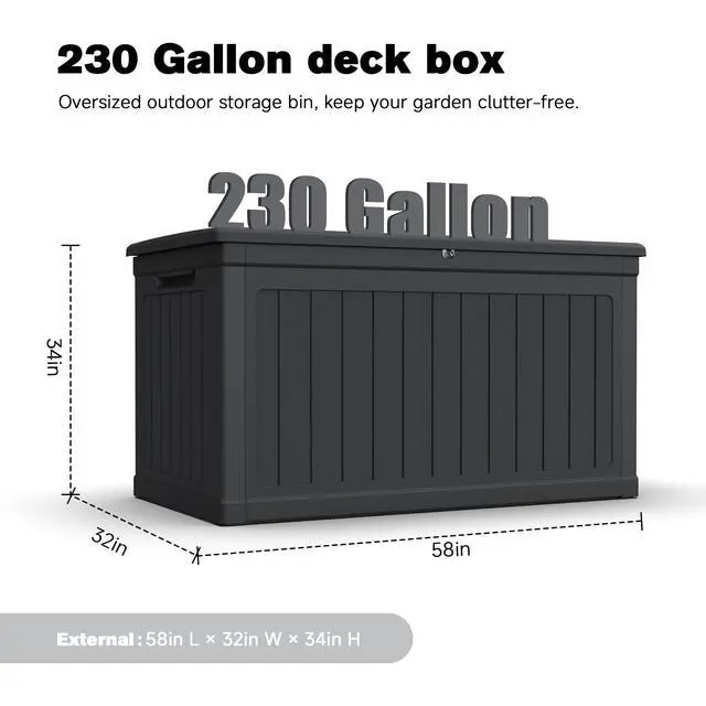 Alt view image 2 of 7 - 230 Gallon Large Outdoor Storage XXL Deck Box for Patio Furniture, Outdoor Cushions, Garden Tools and Sports/Pools Equipment, Waterproof Resin, Lockable, Black