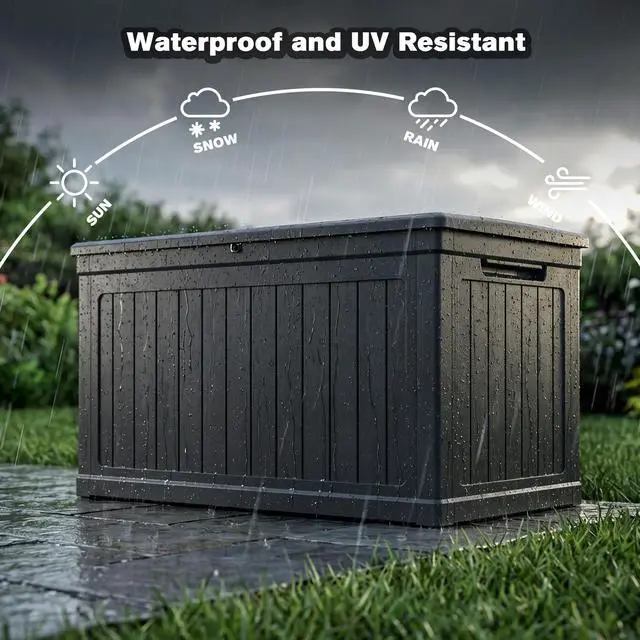 Alt view image 7 of 7 - 230 Gallon Large Outdoor Storage XXL Deck Box for Patio Furniture, Outdoor Cushions, Garden Tools and Sports/Pools Equipment, Waterproof Resin, Lockable, Black