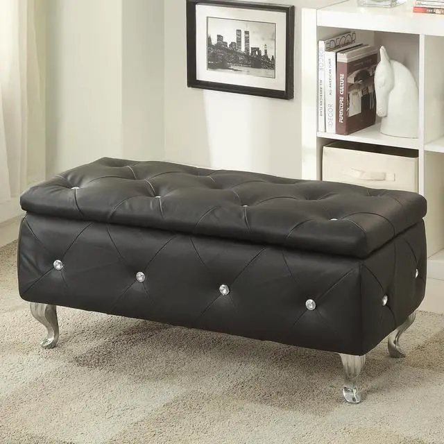Alt view image 2 of 7 - Black Tufted Bonded Leather Storage Bench with Crystal Decor, Upholstered Bedroom Bench Ottoman with Hidden Storage for Entryway Bed End Living Room