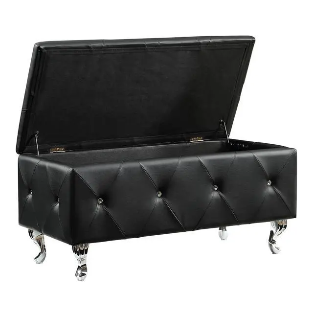 Alt view image 3 of 7 - Black Tufted Bonded Leather Storage Bench with Crystal Decor, Upholstered Bedroom Bench Ottoman with Hidden Storage for Entryway Bed End Living Room