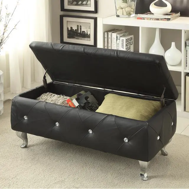 Alt view image 4 of 7 - Black Tufted Bonded Leather Storage Bench with Crystal Decor, Upholstered Bedroom Bench Ottoman with Hidden Storage for Entryway Bed End Living Room