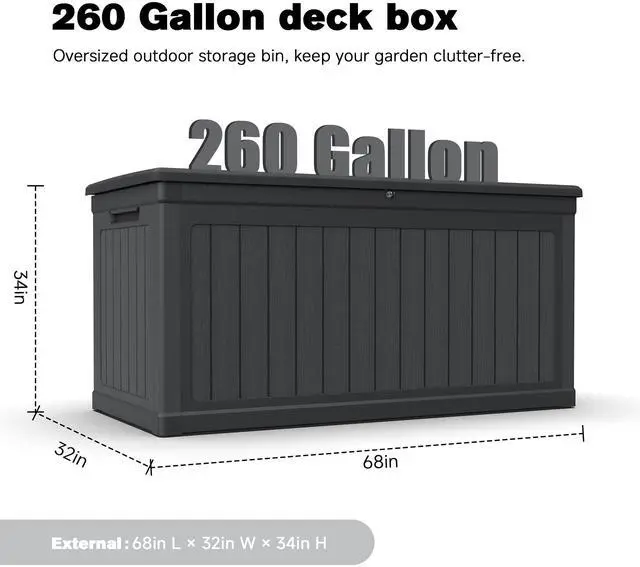 Alt view image 2 of 7 - 260 Gallon Large Outdoor Storage XXL Deck Box for Patio Furniture, Outdoor Cushions, Garden Tools and Sports/Pools Equipment, Waterproof Resin, Lockable, Black