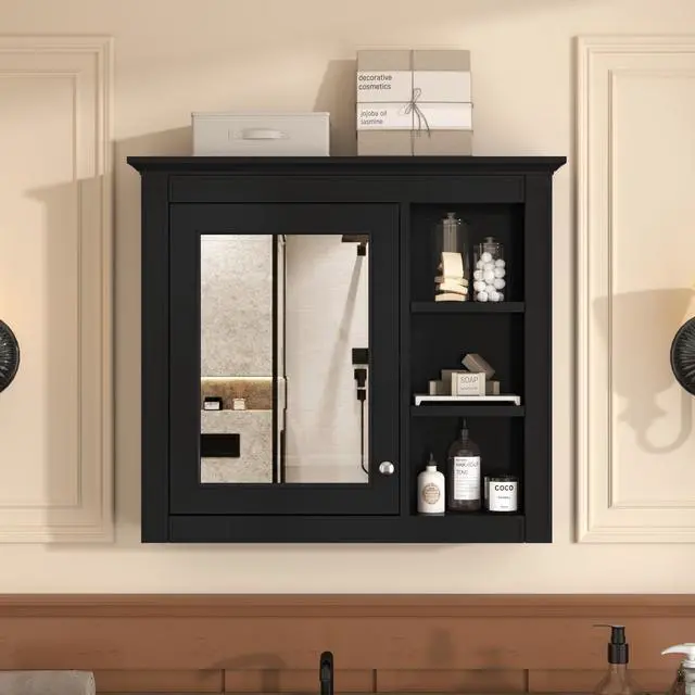 Alt view image 2 of 7 - 30'' x 28'' Medicine Cabinet, Wall Mounted Bathroom Storage Cabinet, Modern Bathroom Wall Cabinet with Mirror,Medicine Cabinet, Mirror Cabinet with 3 Open Shelves (Not Include Bathroom Vanity )
