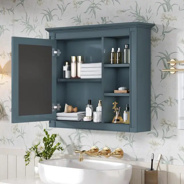 Alt view image 4 of 7 - 30'' x 28'' Medicine Cabinet, Wall Mounted Bathroom Storage Cabinet, Modern Bathroom Wall Cabinet with Mirror,Medicine Cabinet, Mirror Cabinet with 3 Open Shelves (Not Include Bathroom Vanity )