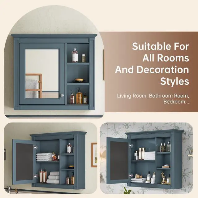 Alt view image 7 of 7 - 30'' x 28'' Medicine Cabinet, Wall Mounted Bathroom Storage Cabinet, Modern Bathroom Wall Cabinet with Mirror,Medicine Cabinet, Mirror Cabinet with 3 Open Shelves (Not Include Bathroom Vanity )