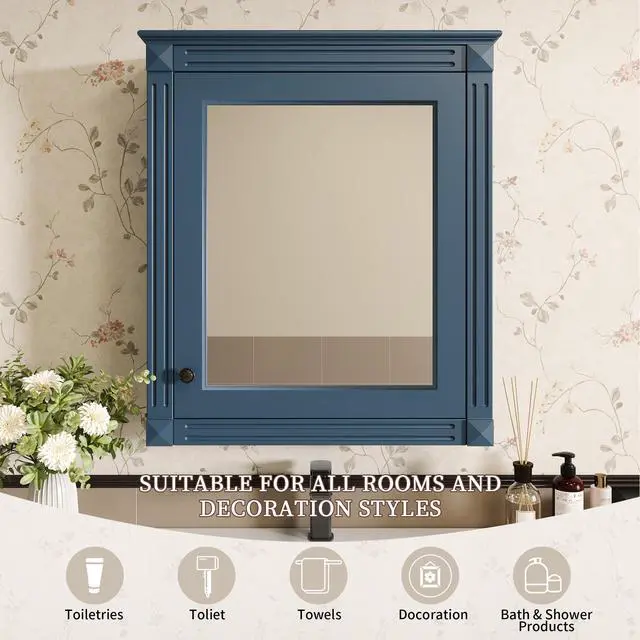 Alt view image 7 of 7 - 24'' x 27'' Wall Mounted Bathroom Storage Cabinet with Mirror, Medicine Cabinet with Height Adjustable Shelf, Over the Toilet Space Saver Cabinet