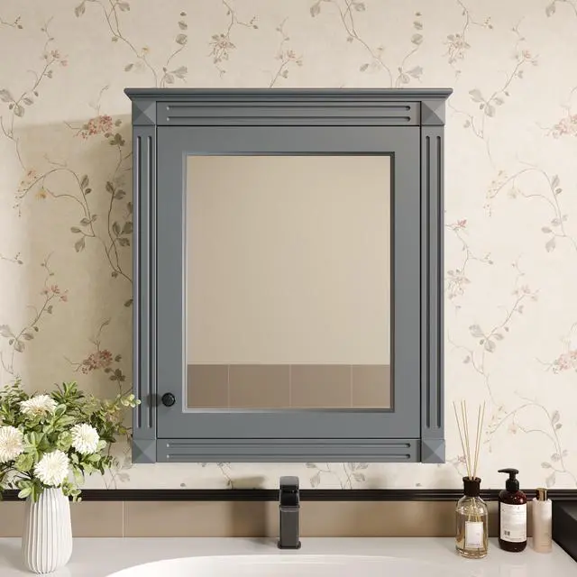 Alt view image 2 of 7 - 24'' x 27'' Wall Mounted Bathroom Storage Cabinet with Mirror, Medicine Cabinet with Height Adjustable Shelf, Over the Toilet Space Saver Cabinet