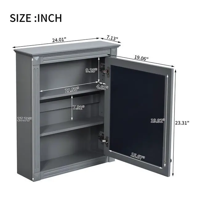 Alt view image 3 of 7 - 24'' x 27'' Wall Mounted Bathroom Storage Cabinet with Mirror, Medicine Cabinet with Height Adjustable Shelf, Over the Toilet Space Saver Cabinet