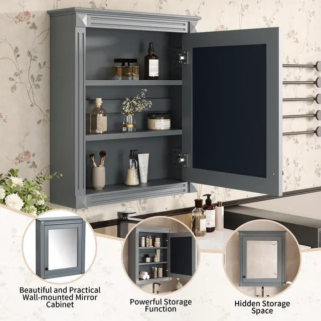 Alt view image 7 of 7 - 24'' x 27'' Wall Mounted Bathroom Storage Cabinet with Mirror, Medicine Cabinet with Height Adjustable Shelf, Over the Toilet Space Saver Cabinet
