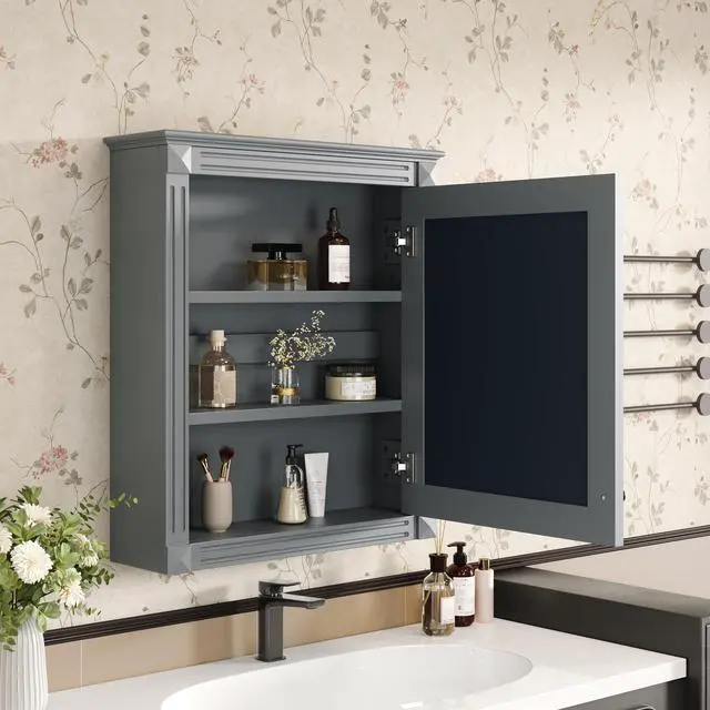 Alt view image 4 of 7 - 24'' x 27'' Wall Mounted Bathroom Storage Cabinet with Mirror, Medicine Cabinet with Height Adjustable Shelf, Over the Toilet Space Saver Cabinet
