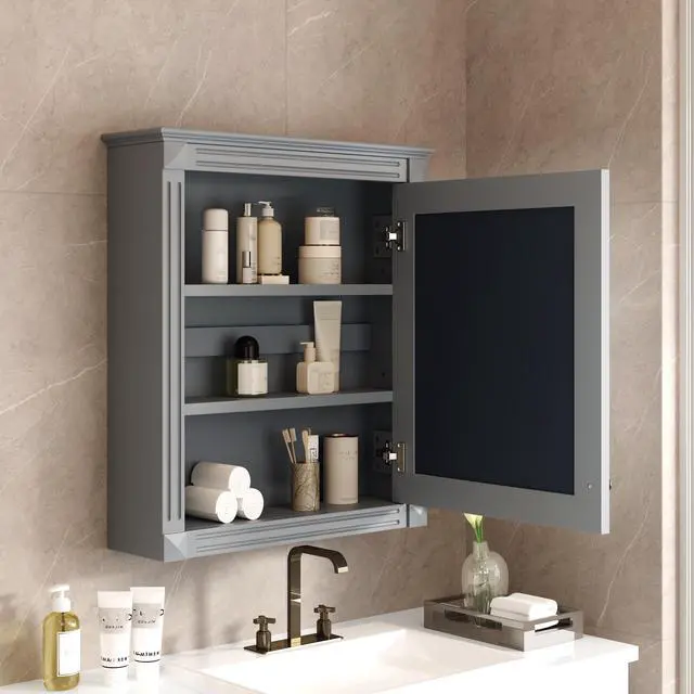 Alt view image 6 of 7 - 24'' x 27'' Wall Mounted Bathroom Storage Cabinet with Mirror, Medicine Cabinet with Height Adjustable Shelf, Over the Toilet Space Saver Cabinet