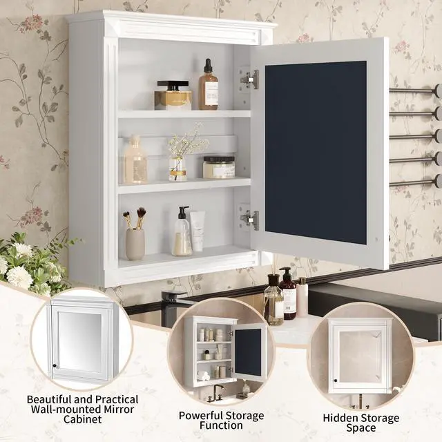 Alt view image 7 of 7 - 24'' x 27'' Wall Mounted Bathroom Storage Cabinet with Mirror, Medicine Cabinet with Height Adjustable Shelf, Over the Toilet Space Saver Cabinet